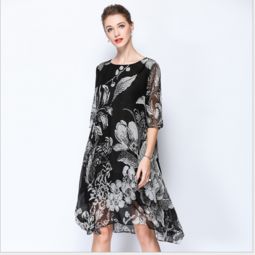 高檔精品,廠家正品2018夏裝新款大碼媽媽裝中長(zhǎng)款桑蠶絲印花連衣裙時(shí)尚簡(jiǎn)約真絲女裙